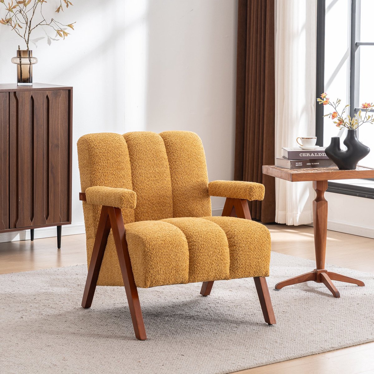 Merax Bouclé Fauteuil Geel - Moderne Accentstoel met Armleuningen - Massief Eikenhouten Frame - Zachte Schuimvulling - Voor Woonkamer en Slaapkamer