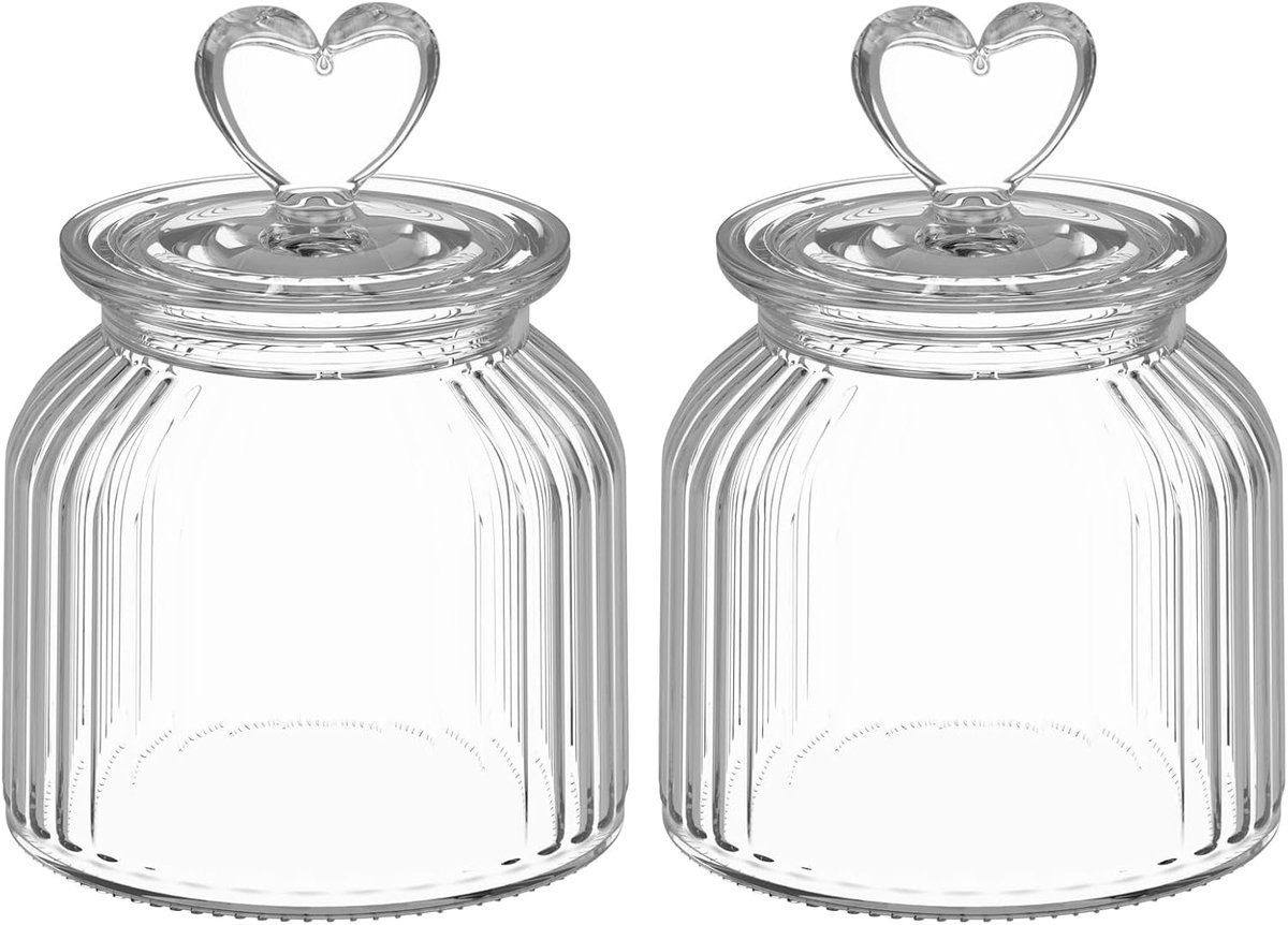 JeiibrZui Voorraadpotten Met Deksels - 650 Ml - Set Van 2 - Hartvormig Handvat - Luchtdicht Glas - Voor Snoep En Keukenorganisatie