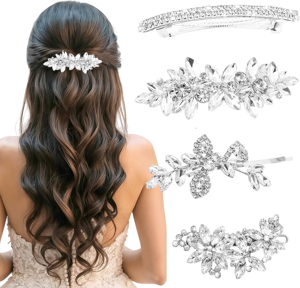 JeiibrZui Strass Haarspangen Dames - Zilveren Bloem Haaraccessoires - 4 Stuks Kristal Haarnaalden - Voor Bruid Bruiloft Feest en Dagelijks Gebruik