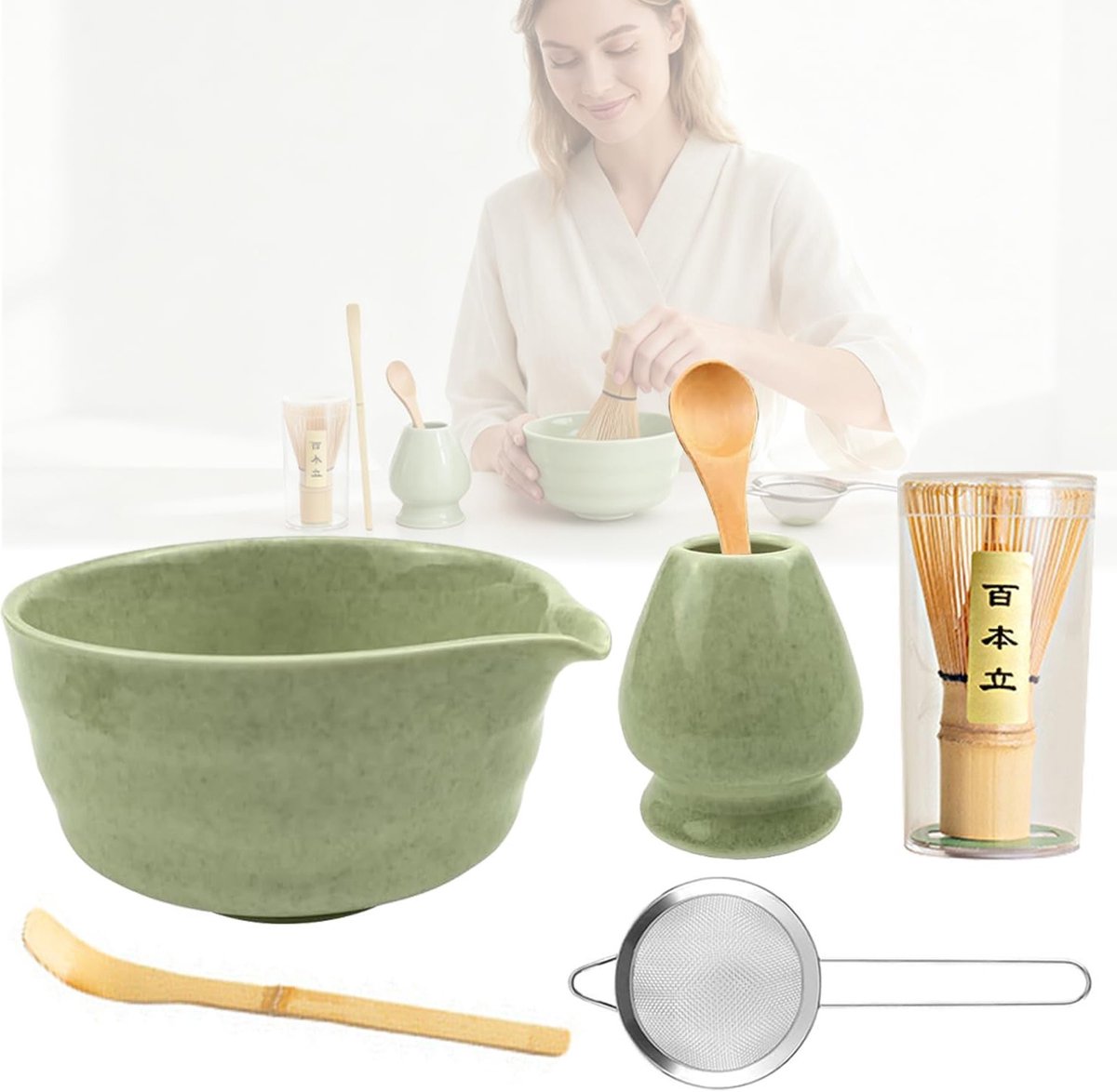 Complete Matcha Set met Theebeker, Matcha Broom, Strainer en Lepels - Perfect Cadeau voor Theeliefhebbers