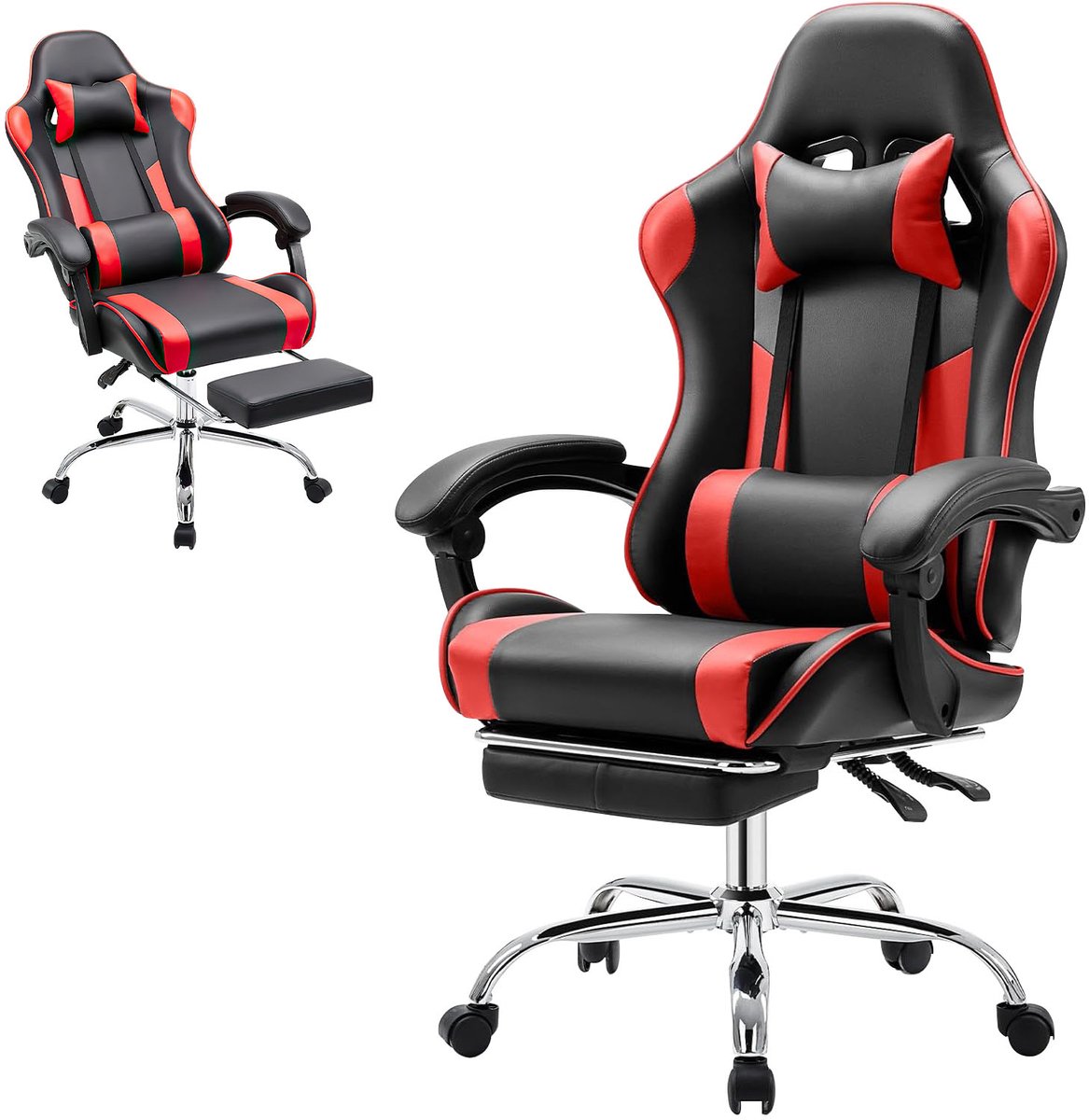 Gamingstoel / Ergonomische Bureaustoel - Kunstleer - Met Voetensteun, Hoofdsteun & Lendenkussen - Verstelbare Hoogte - 125 kg Draagvermogen