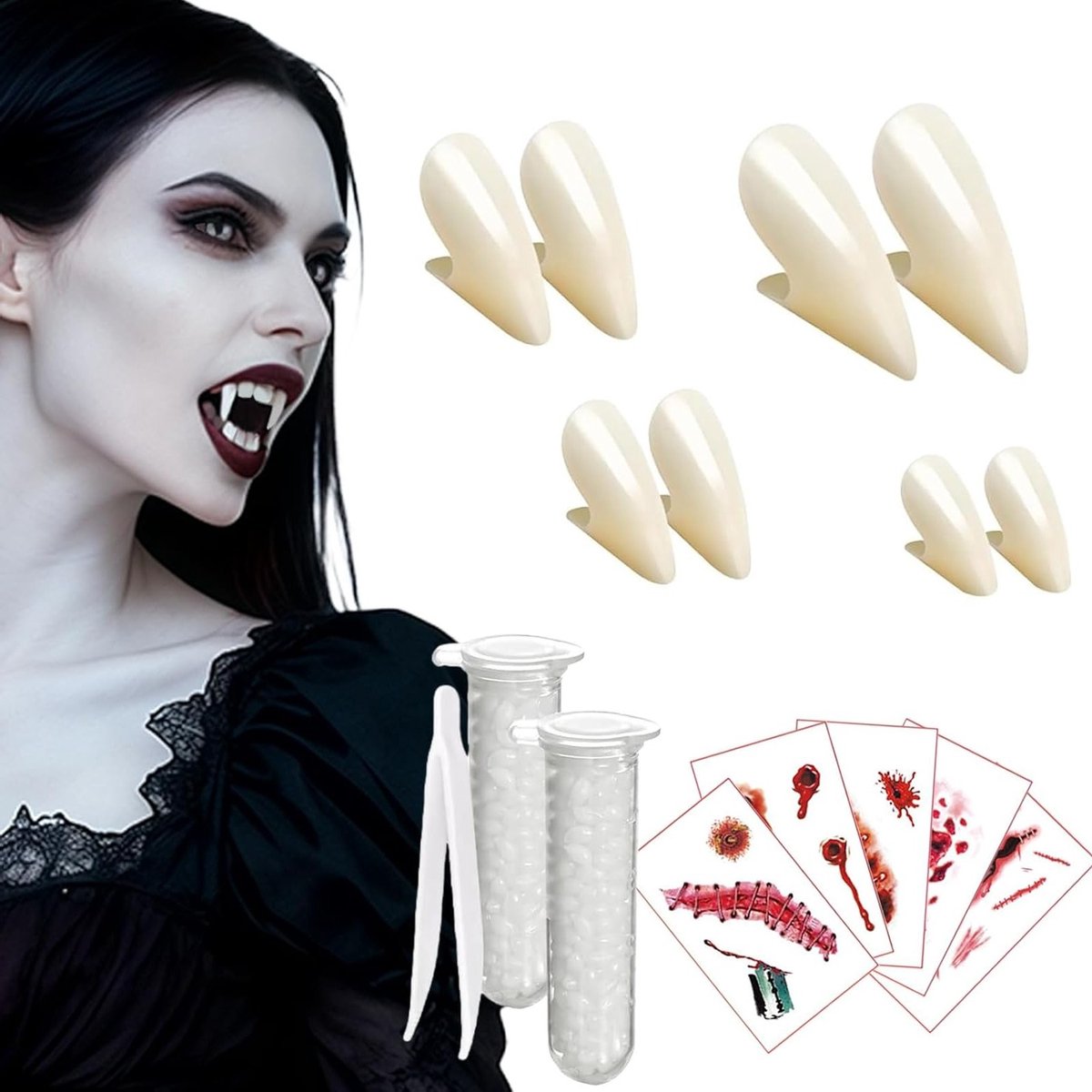 13-delig Vampiertanden Set voor Halloween, Carnavalskostuums, Feestaccessoires, Horror Cosplay, Inclusief Body Tattoos en Tandlijm