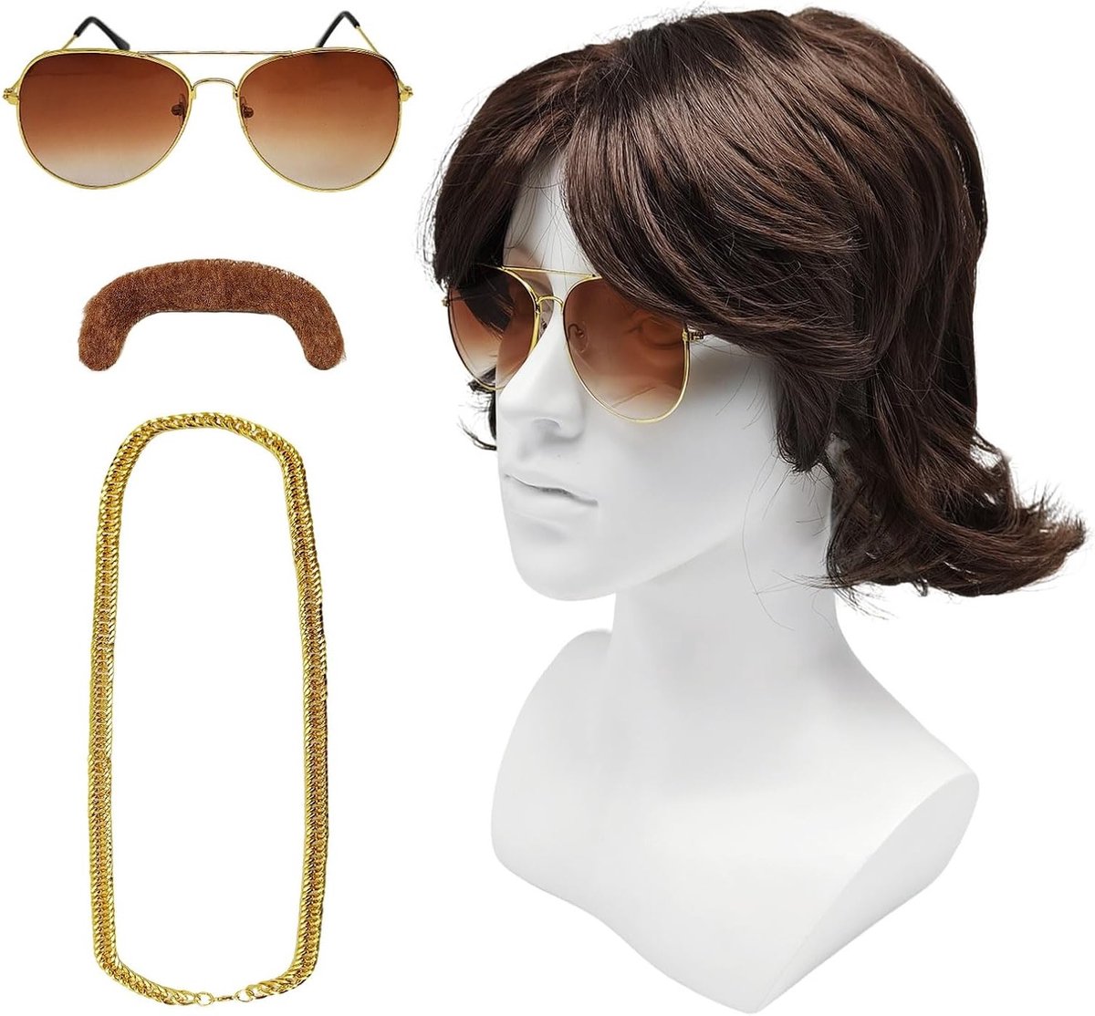 Retro kostuumperucques voor mannen, 4-delige set met accessoires voor 70s en 80s, ideaal voor carnaval, Halloween en themafeesten