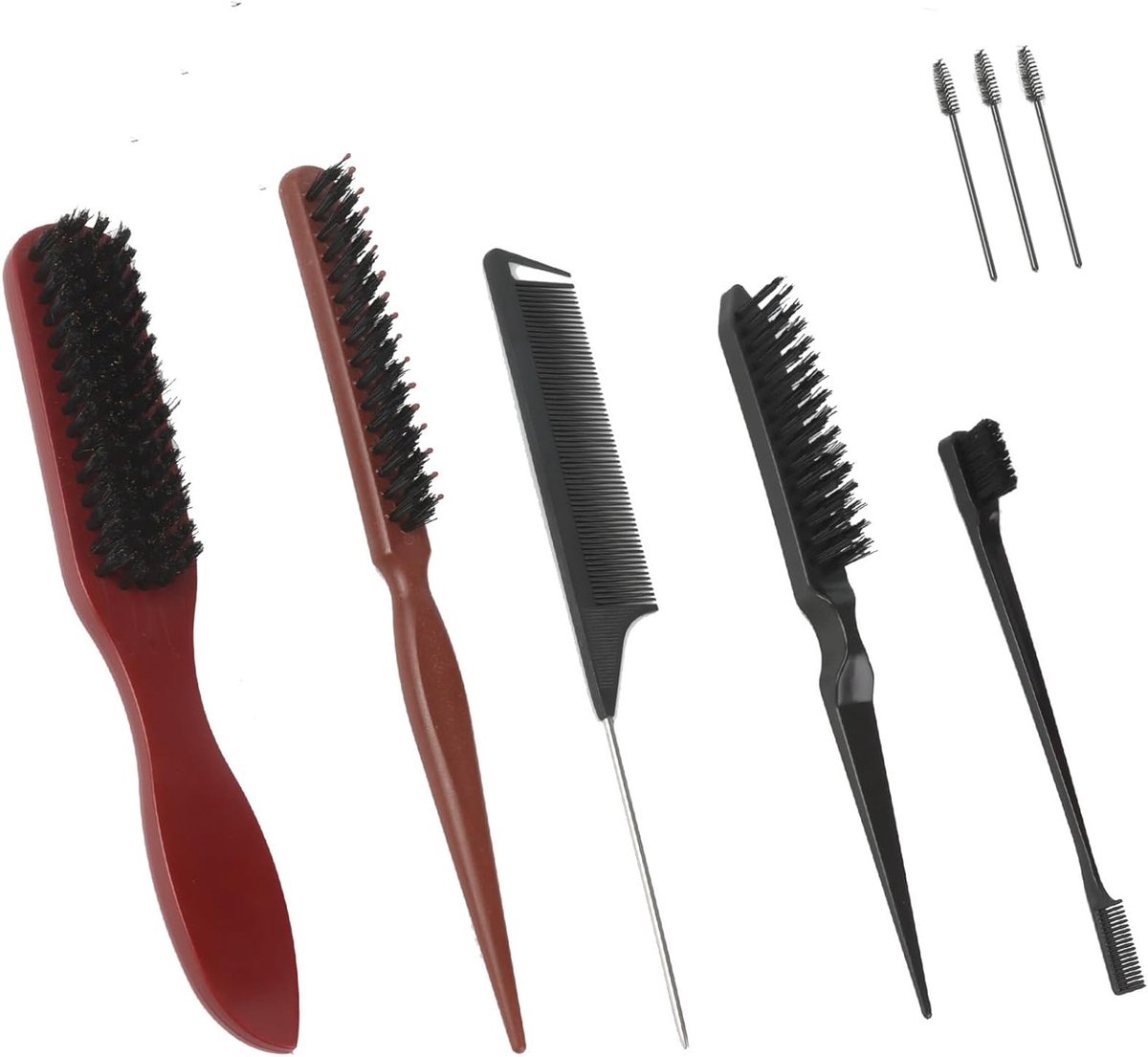 Set van 8 Haarborstels - Borstels voor Steil Haar, Glad Haar, Vlechten en Baarden - Inclusief 3 Wimpers borstels en Haaraccessoire Borstel