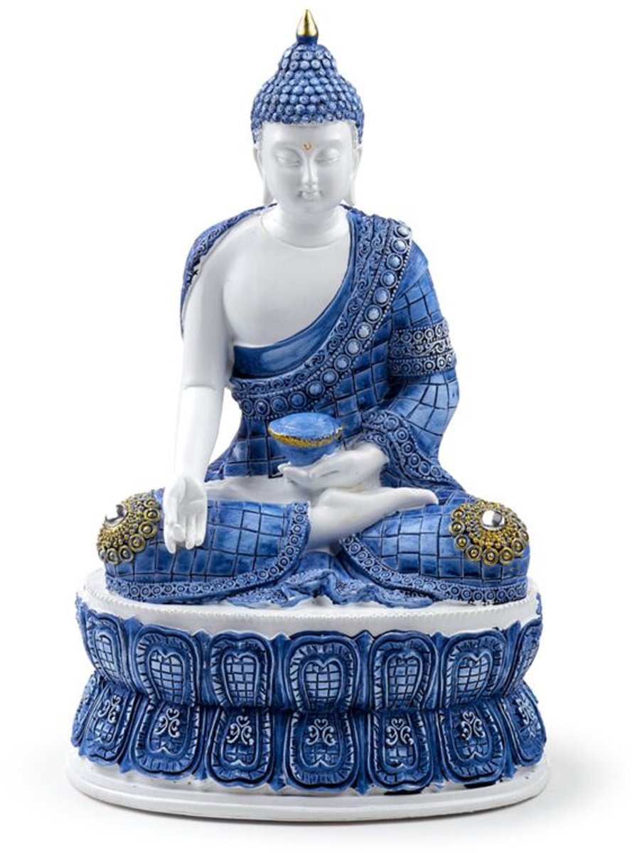 Buddha Lotus Figuur - Wit Blauw - 26.5 cm