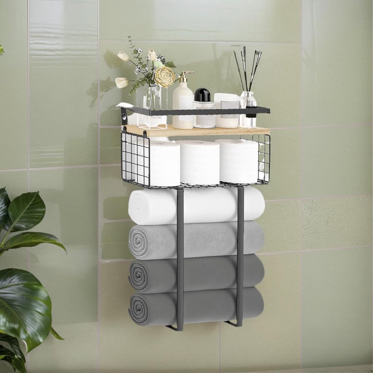 Badkamer Opbergrek - Handdoekenhouder Plank - Ruimte Besparen - Dubbellaags Ontwerp - 40 x 13.5 x 47 cm - Zwart