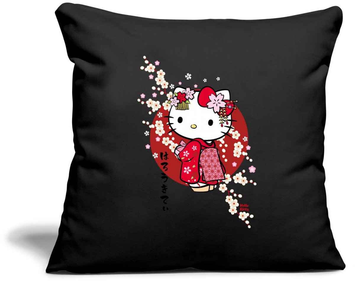 Hello Kitty In Een Rode Kimono En Kersenbloesems Sierkussenhoes, 45 x 45 cm