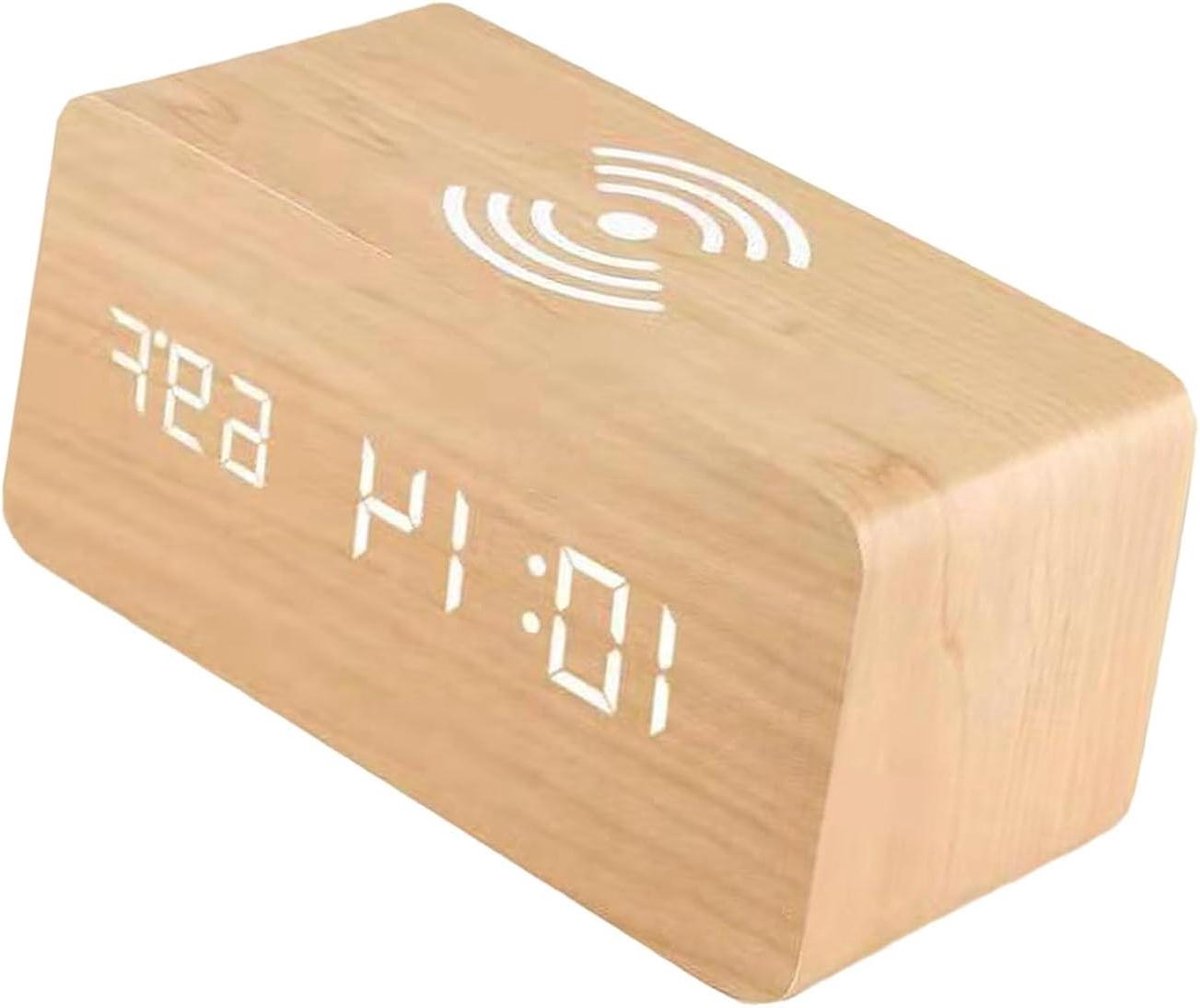 Digitale Wekker - Houten Klok - Meerdere Alarmen - Draadloos Opladen - 9x9 cm - Geel