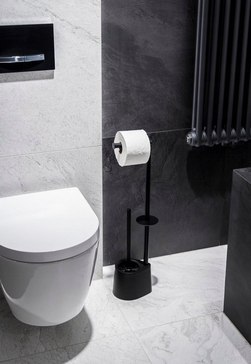 Zwarte Toiletrolhouder met WC Borstel en Extra Rolhouder