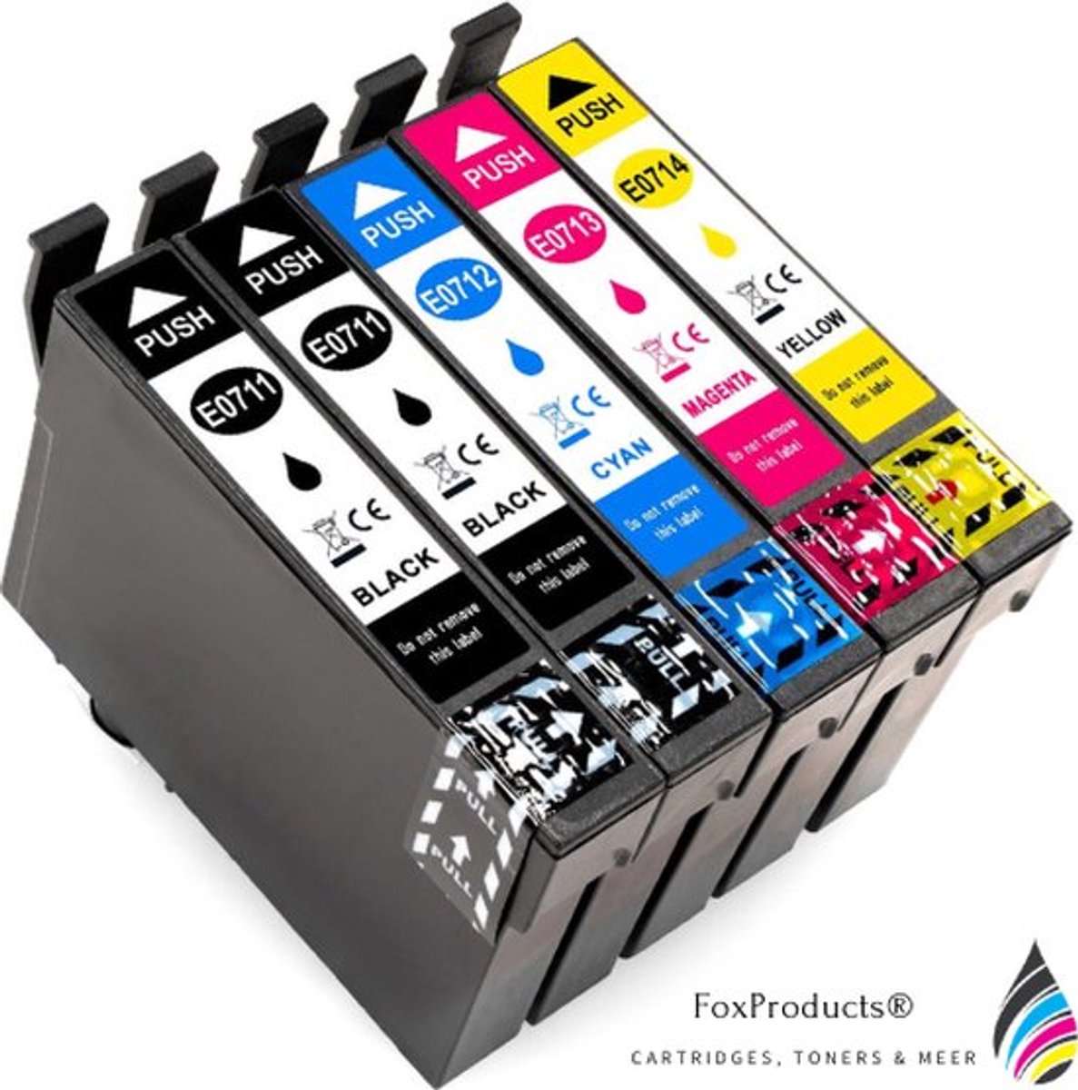 FoxProducts® T0711, T0712, T0713, T0714, T0715, 5 cartridges geschikt voor Epson, Stylus D120, S20, S21, SX100, SX105, SX110, SX115, SX200, SX205, SX210, SX215, SX218, SX400, SX405, SX410, SX415, SX510W, SX600FW, SX610, 0711, 0712, 0713, 0714, 0715