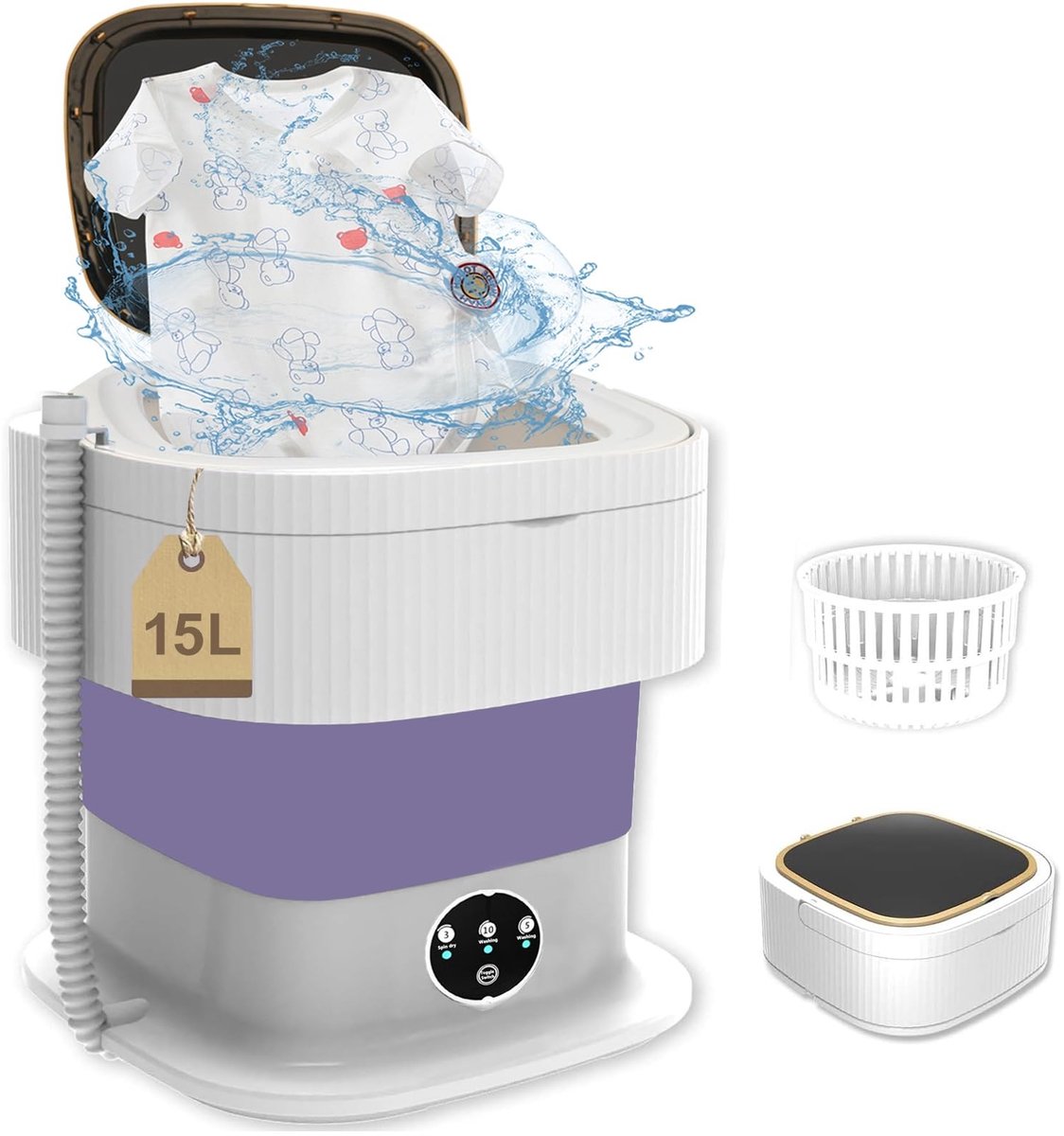 Dailygoods- Mini-wasmachine 15 liter - Draagbare wasmachine - Opvouwbare wasmachine - Centrifuge - Drie reinigingsmodi - Inclusief afvoermand