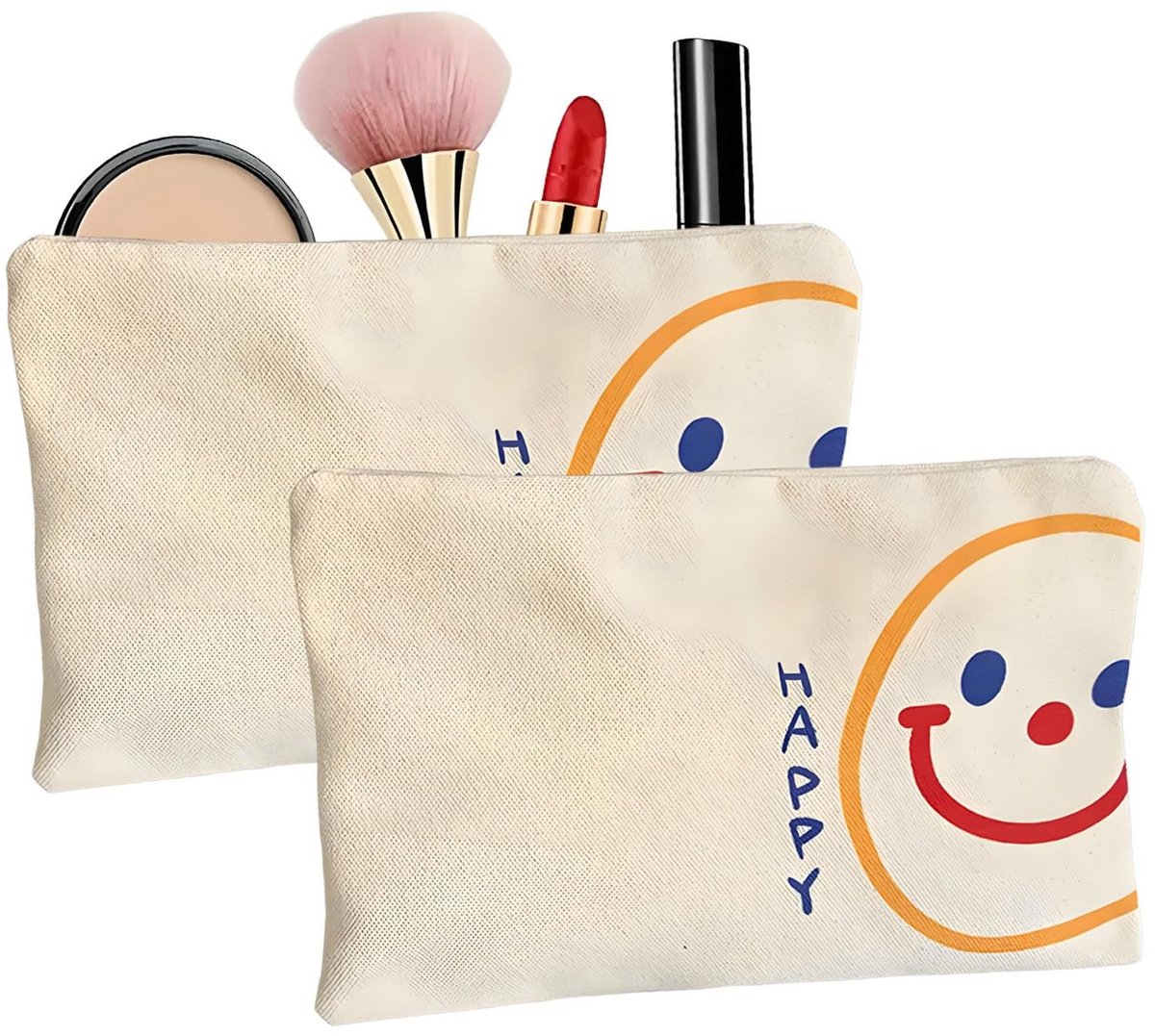 Dailygoods- Make-uptas Klein - 2 Stuks - Draagbare Toilettas - Cosmetische Tas - Hoogwaardig Canvas - Smiley-Motief - Cosmetica Tas