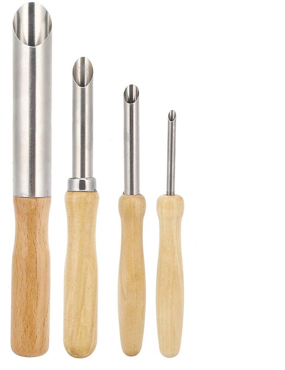Dailygoods- Hole Cutter 4-delige Set - Houten Handvat - Roestvrij Staal - Aardewerk Gereedschap - Circulaire Snijders - Totale Lengte 20 cm - Kleigatsnijder