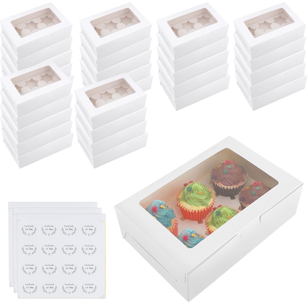 30 Stuks Wit Cupcake Doosjes met Kijkvenster voor Muffins en Kleine Taartjes