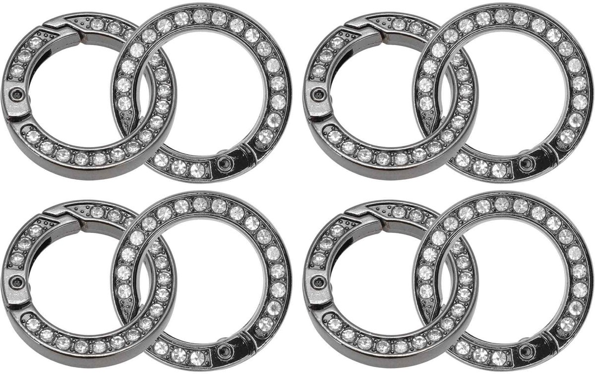 Dailygoods- Karabijnhaken 8 Stuks - Ronde Gesp met Strass - Sleutelhangers - Tassenclips - Roestbestendig - Lichtgewicht Metaal - Sleutelhanger