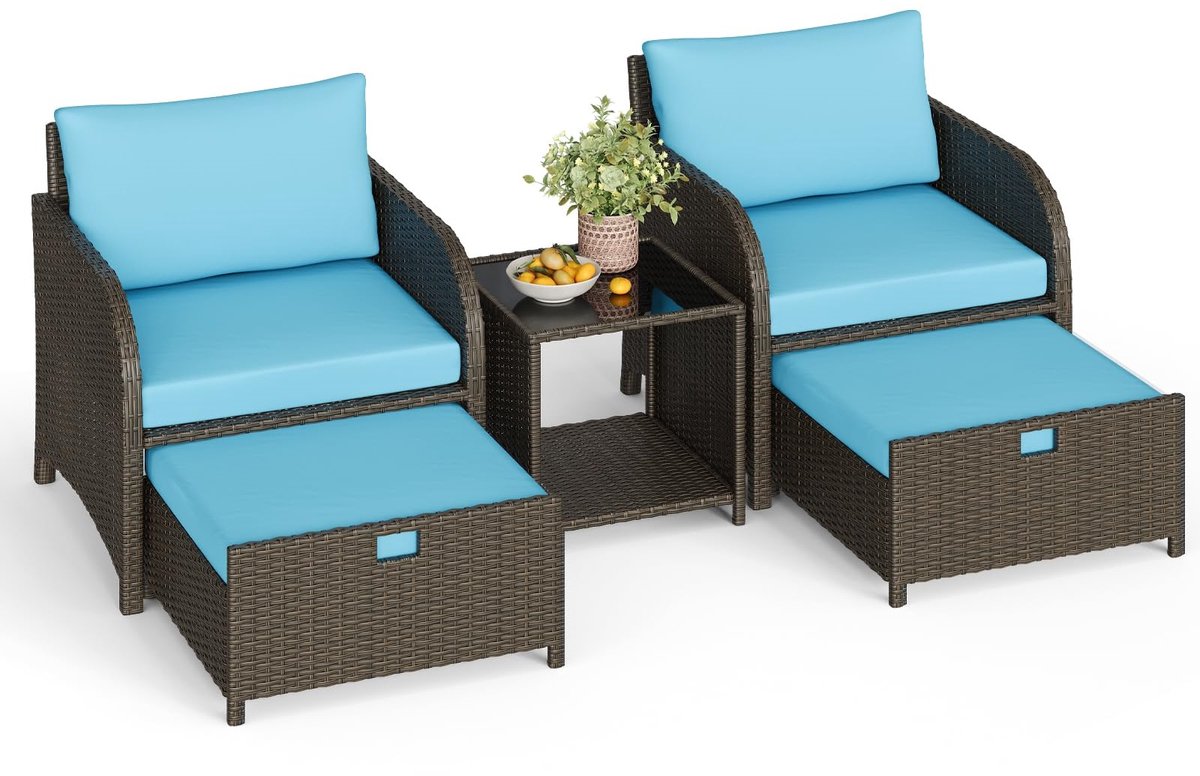 Tuinmeubelset Lounge Set 5-delig, Rattan Bank met Dikke Kussens, 2 Hockers en Opbergtafel, Weerbestendig PE Wicker, Voor Balkon, Tuin, Veranda, Achtertuin, Blauw