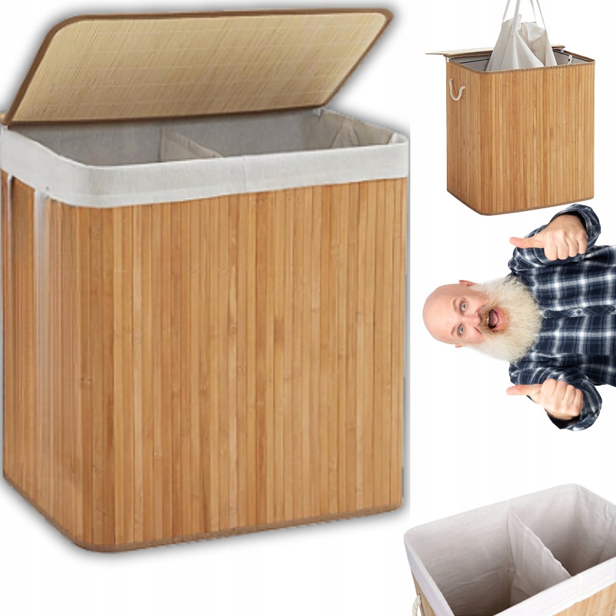 Grote bamboe wasmand met deksel - opvouwbaar en dubbel compartiment