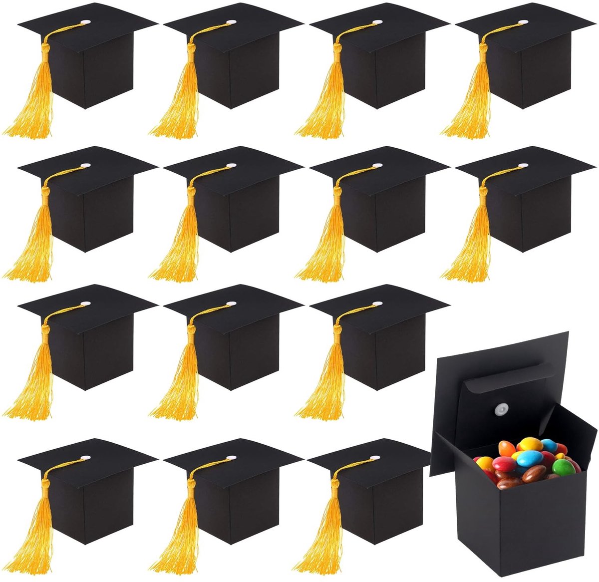 JHUBERS- Afstudeerdozen 24 stuks - Geschenkdoos in vorm van doctoraatspet - Snoepdozen met gele kwast - Zwarte afstudeerdozen - Traktatie snoep - Chocolade snoepdoos