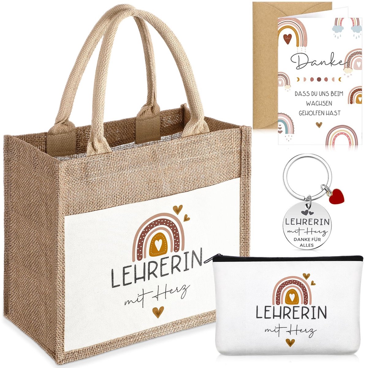 BRENZOOS- Afscheidscadeau voor lerares - Jute Tas - Wenskaarten met Zegenboodschap - Sleutelhanger met Liefdeshanger - Cosmeticatas - Bedankje - Lerarencadeau