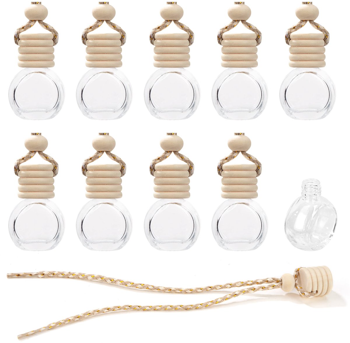 JHUBERS- Luchtverfrisser Auto 10 Stuks - Parfumfles Navulbaar 10ml - Aromatherapie Diffuser - Glazen Fles - Houten Decoratie - Verstelbare Riem