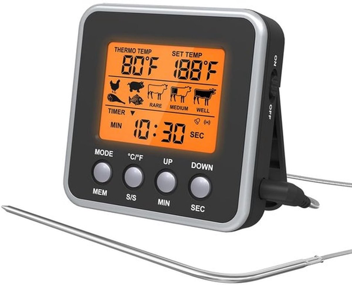Digitale keukenthermometer - voedselthermometer met sonde - lcd-display met achtergrondverlichting - alarmfunctie - snelle en nauwkeurige metingen voor koken van BBQ, braadoven, grill