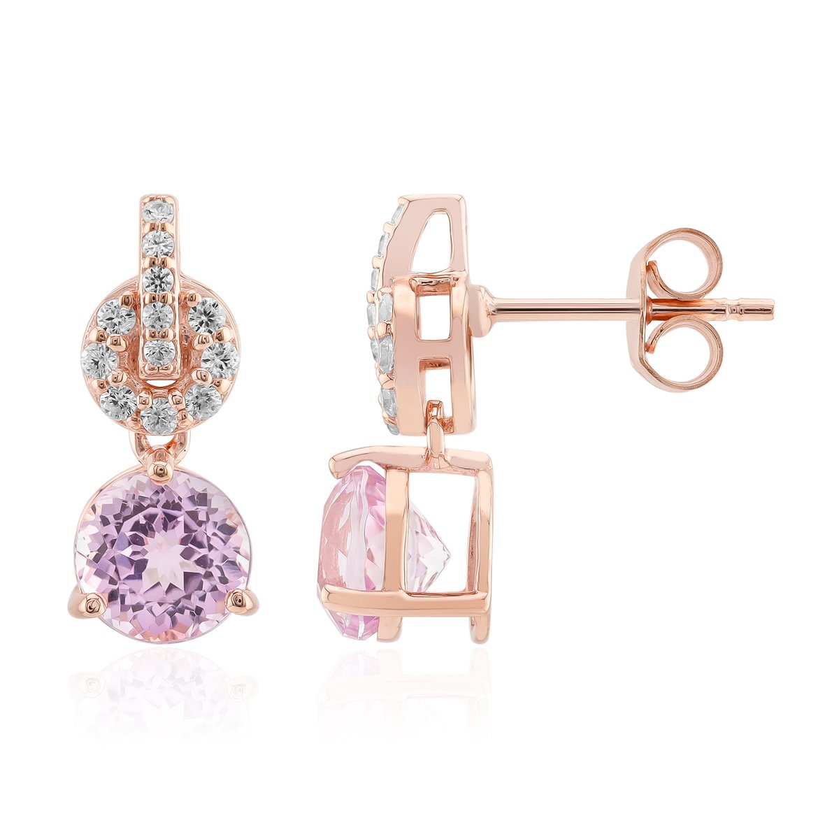 Cavill - Zilveren oorbellen - 925 Sterling Zilver Roséverguld - 3,141 ct Kunziet & 0,46 ct Zirkonia - Handgemaakte elegante oorstekers rond geslepen