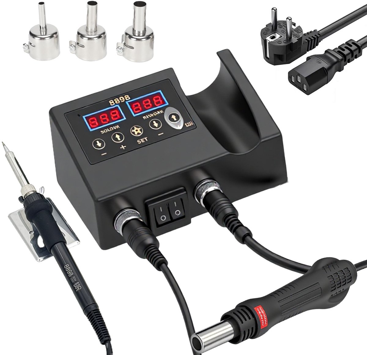 Hete Lucht Rework Station / Soldeerstation / 2-in-1 Desoldeerstation – 3 opzetstukken + standaard – Voor mobiele reparatie, elektronica, SMD, krimpkous, PCB – Professioneel hete luchtpistool + soldeerbout – Handleiding, EU-stekker, papieren doos – foto 8