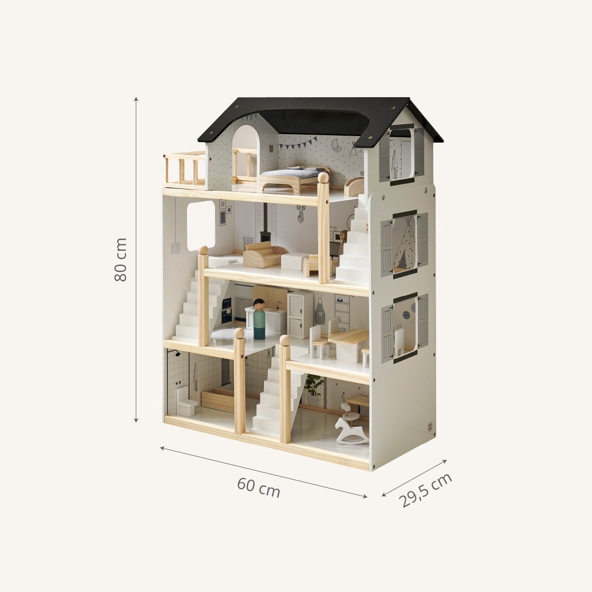 Petite Amélie Houten Poppenhuis - Zwart, grijs en wit - H.80 cm - Incl. 19 Poppenhuis Meubels – Voor een moderne speelwereld vol avonturen — afbeelding 10