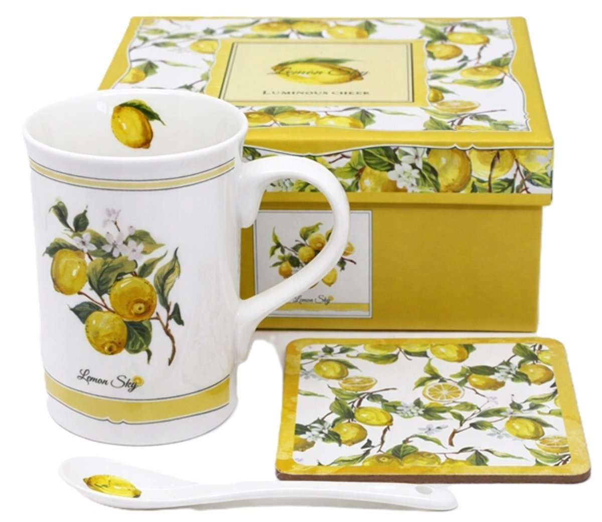 Porseleinen mok met citrontjes, pepel & schotel - 320ml - Cadeau