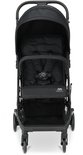 Zwarte Deryan buggy met kap, zitje en boodschappenmand. Volledig gesloten.