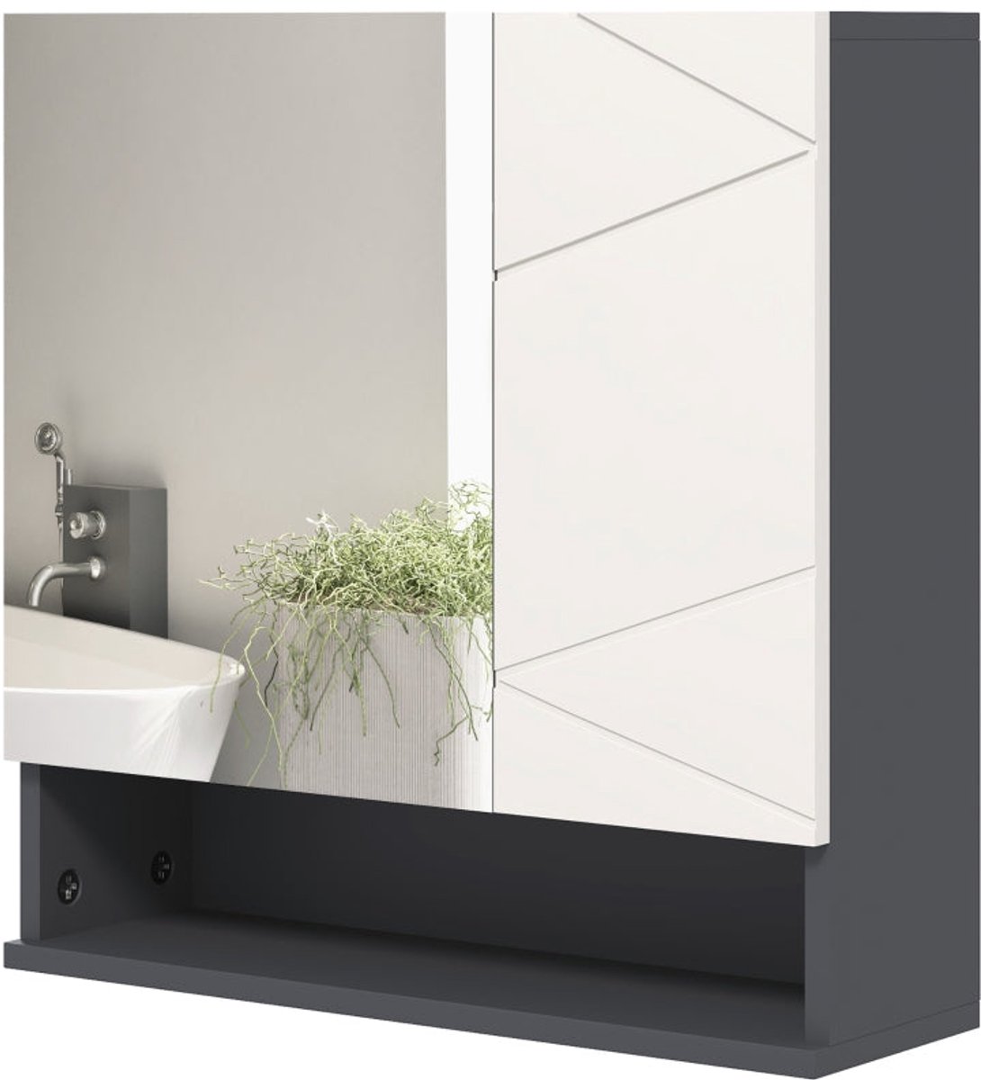 Merax Spiegelkast Badkamer - 55 x 17 x 55 cm - Grijze Badkamerkast Met Spiegel - Verstelbare Planken - Open Vak - Anti-Condensfunctie