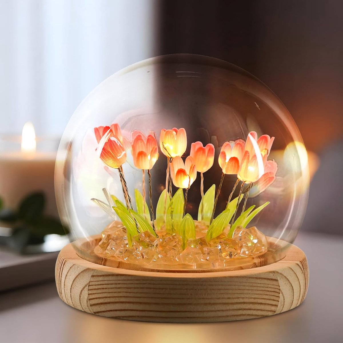 Sander Shop Verjaardagsbloemencadeaus voor moeder, tulpennachtlampje, kleine glazen bloeme