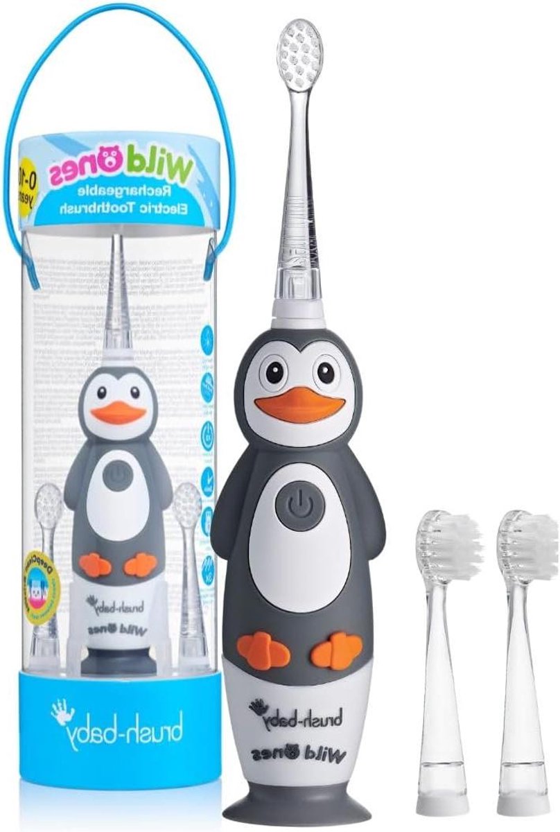 Elektrische Tandenborstel - Oplaadbare Borstel - Kinderen Poetsen - Disco Licht Timer - 3 Borstelkoppen - Pinguïn