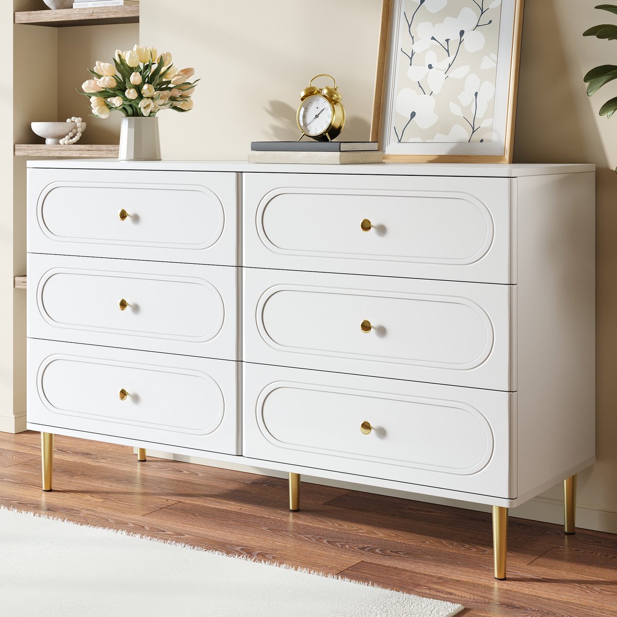 MODENUIT Dressoir - 6 Laden Met Ovale Fronten - Opbergkast Voor Woonkamer En Slaapkamer - MDF En Spaanplaat - 120x40x75 Cm - Wit