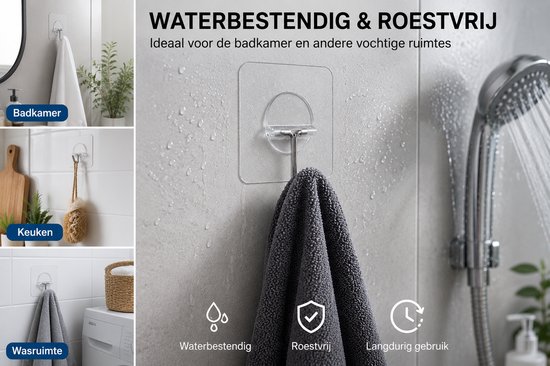 Waterbestendige en roestvrije transparante haakjes voor badkamer, keuken en wasruimte. Toont een haakje met handdoek, douchebal, houten keukengerei, sleutels, bles en spuitfles.