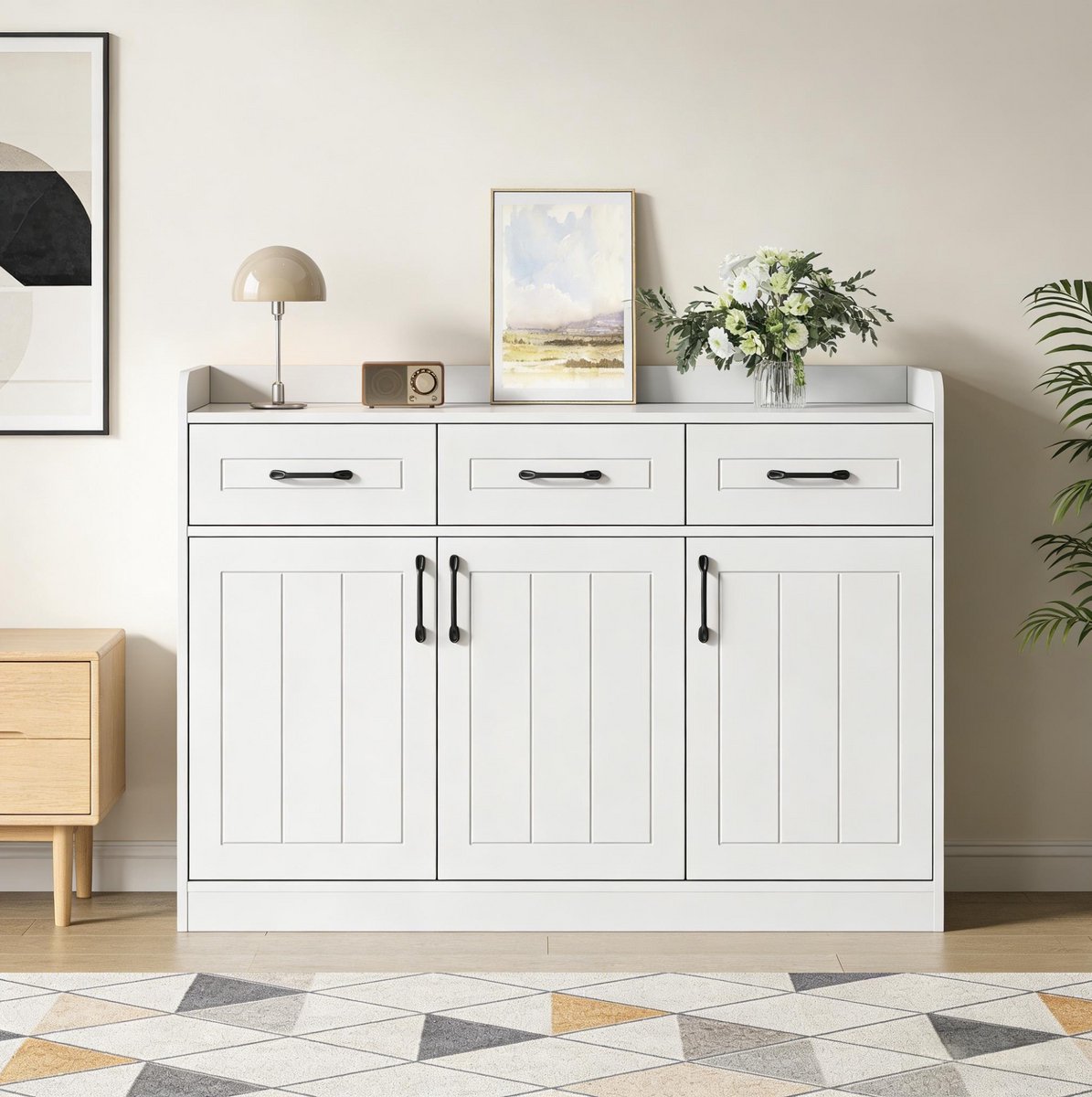 FloraGrace Dressoir - Gestreept Design Met 3 Deuren En 3 Laden - Voor Woonkamer Hal En Eetkamer - Spaanplaat - 120x35x80 Cm - Wit