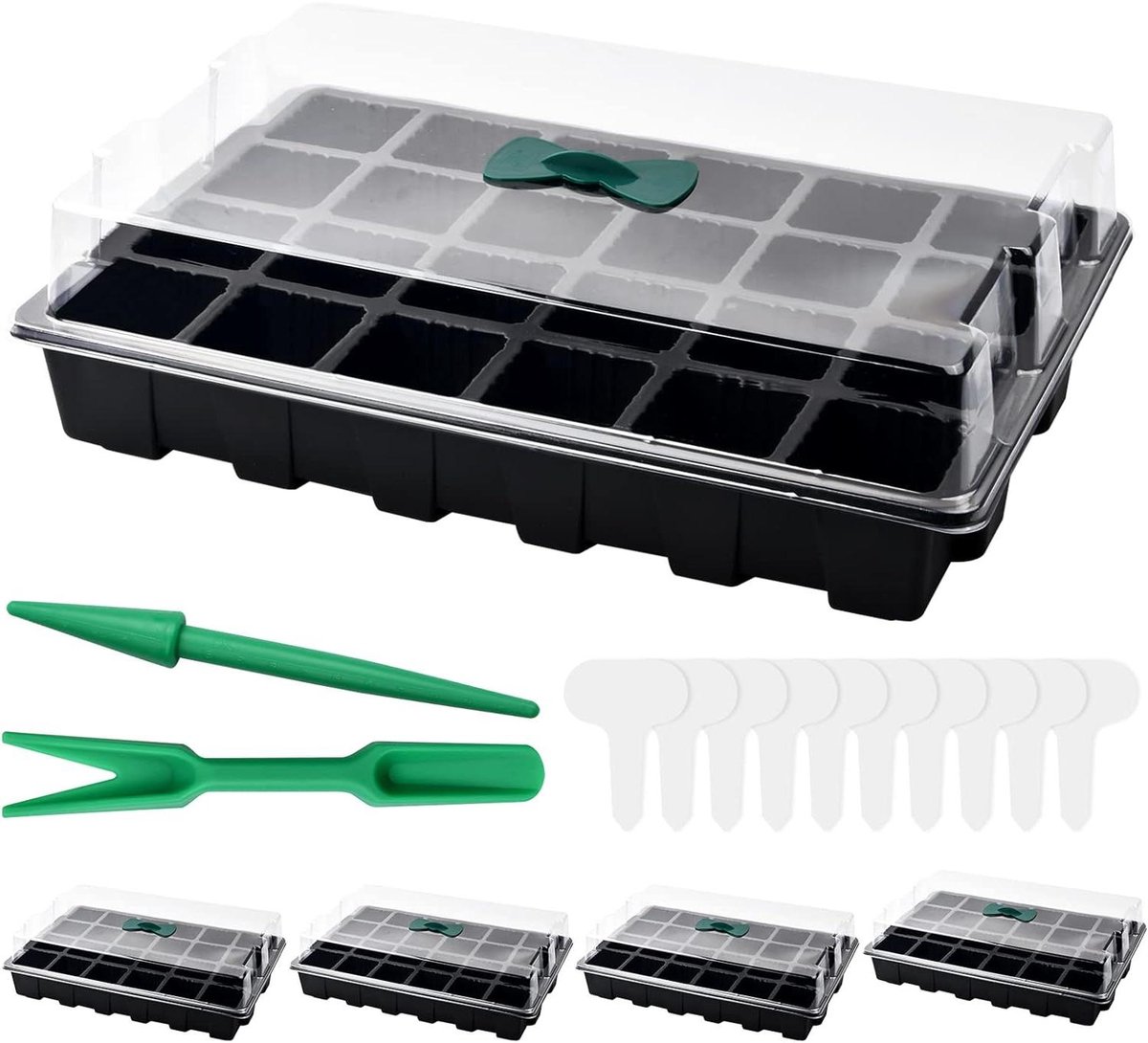 Zaadstartbak Set - Kweekbakken Planten - Zaden Ontkiemen - Verstelbare Ventilatie - 5x 24 Cellen - Zwart