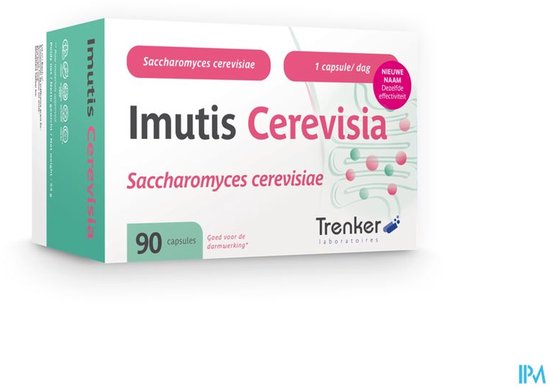 Doosje "Imutis Cerevisia" 90 capsules. Wit met roze cirkel "Nieuwe naam, zelfde effectiviteit".