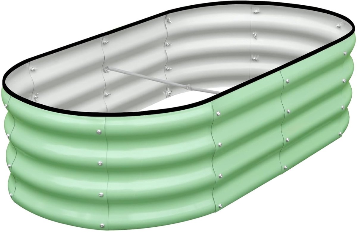 XXL Ovale Verhoogde Moestuinbak van Gegalvaniseerd Staal - 300x120x45 cm - Grote Metalen Plantenbak voor Buiten met Open Bodem - Met Rubberen Veiligheidsrand - Weerbestendig & Roestvrij - Groen