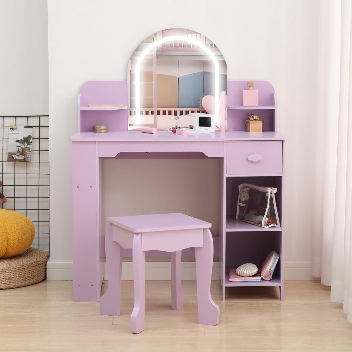 kinder kaptafel met led-spiegel, make-uptafel met kruk, 3 lichtstanden en opbergruimte, voor meisjes van 3-9 jaar,Paarse