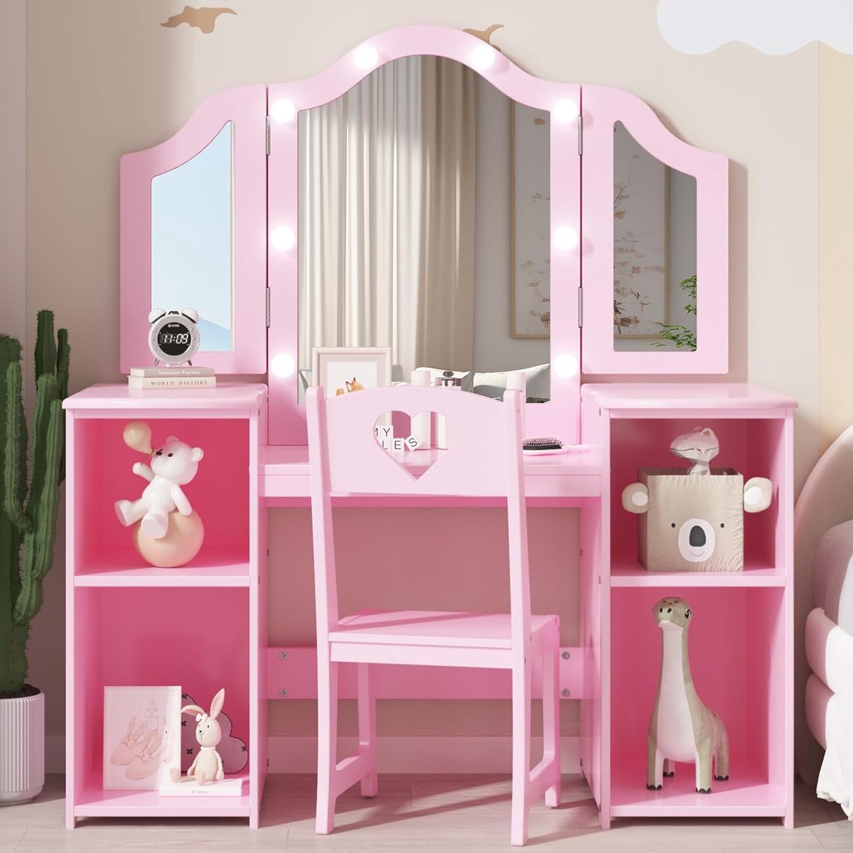 Kaptafel - Roze kinder kaptafel met drievoudige spiegel en ledverlichting, kaptafel en krukje set van MDF, prinsessenkaptafel