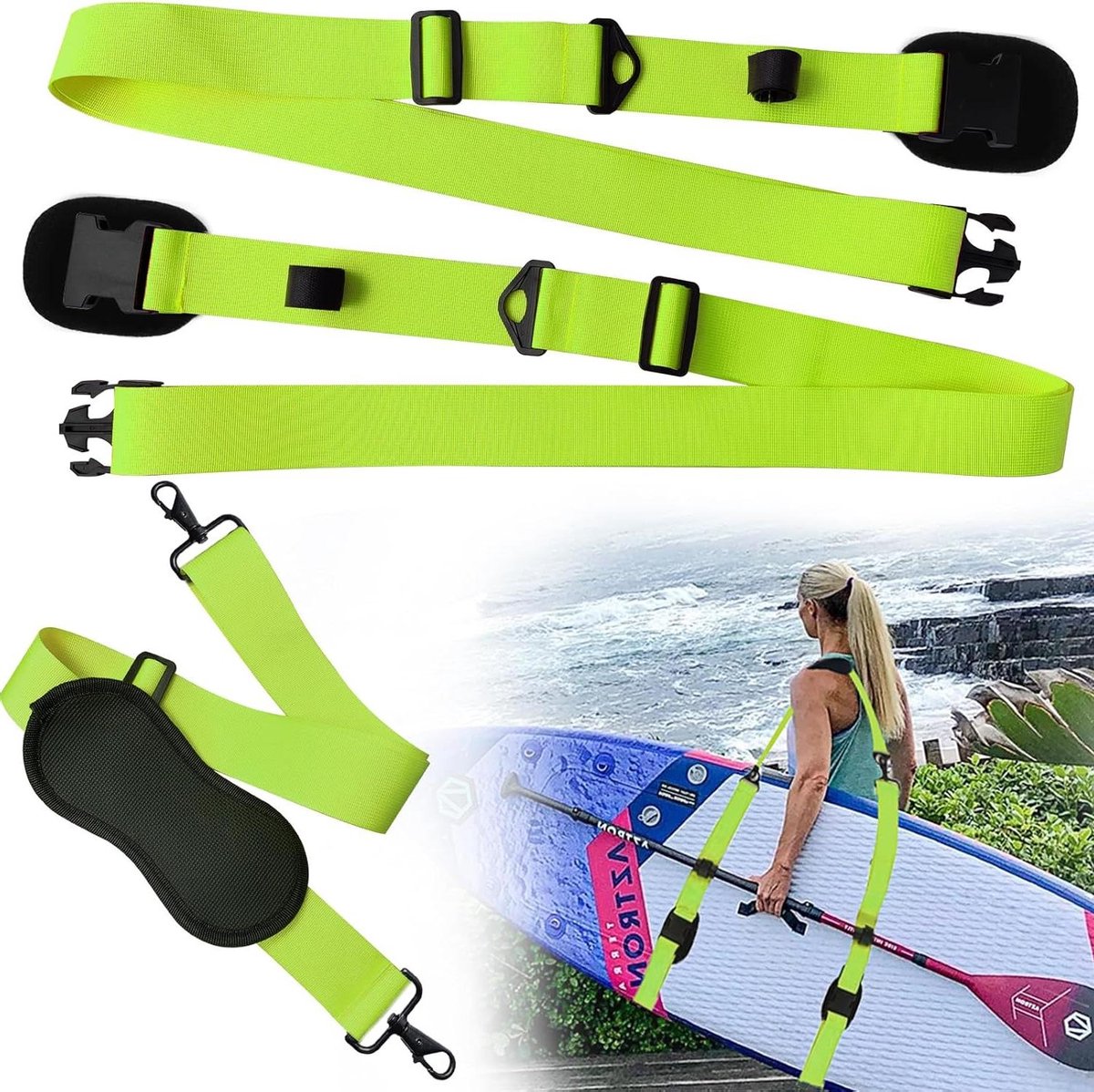 Draagband voor Watersport - Schouderband Board - Transport Watersport Materiaal - Verstelbaar met Schouderkussen - Tot 141 cm - Groen