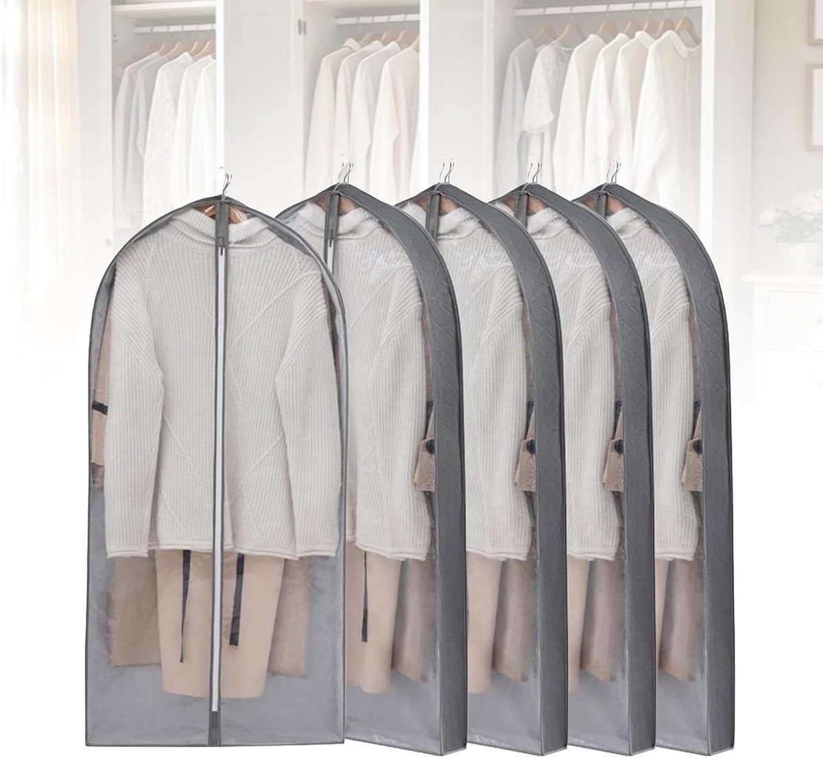 Kledinghoezen Set - Opberghoezen - Kleding Beschermen - Stof- en Vochtwerend - 5 Stuks 60x150cm - Grijs