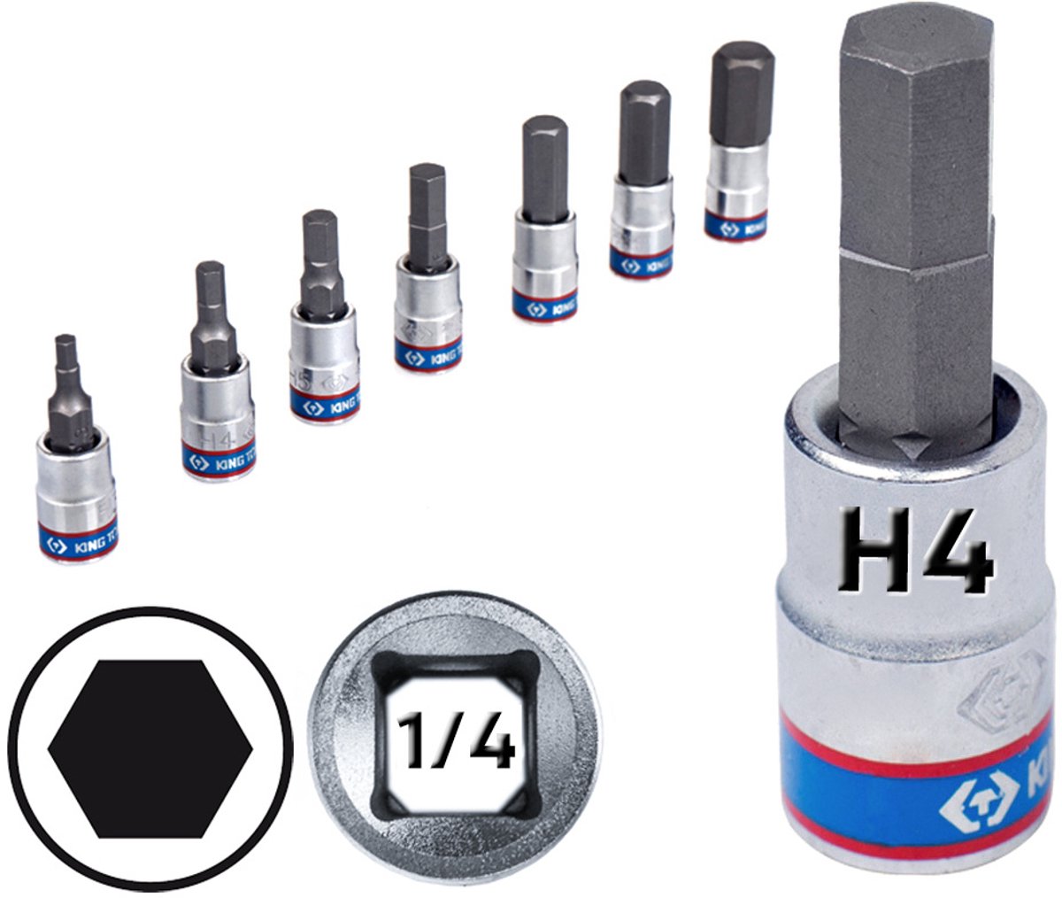King Tony Inbus Dopsluiting 1/4" H4 x 37mm Cr-V S2 bit