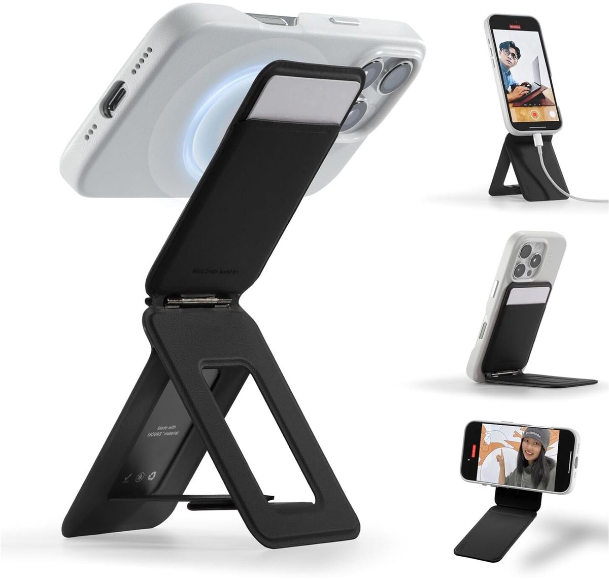 MOFT Tripod Wallet - Kaarthouder & Uitklapbare Standaard 20CM - Compatibel met MagSafe - MOVAS Vegan Leer - Magnetische Portemonnee 2 Pasjes - Zwart