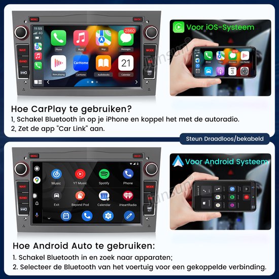 Scherm met instructies voor Apple CarPlay en Android Auto. Toont smartphone-interfaces en apps.