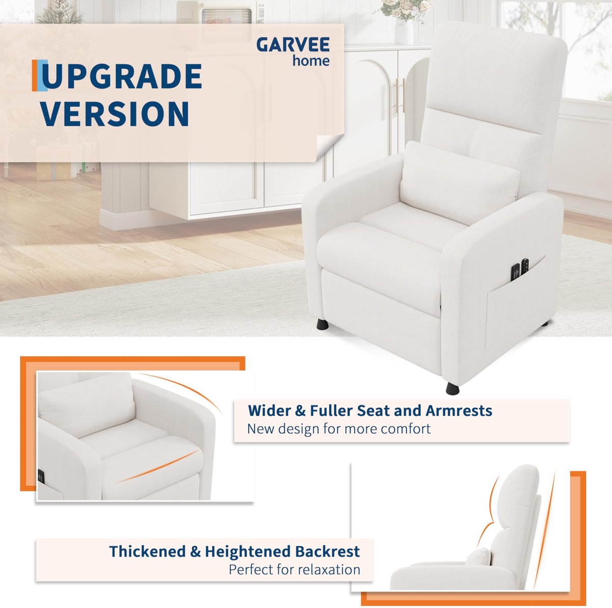 Relaxstoel Massagestoel Elektrisch, Verstelbare TV Fauteuil met Ligfunctie, Massage en Verwarming, Enkel Zitbank, Voor Woonkamer, Slaapkamer, Leeshoek, Wit – foto 5