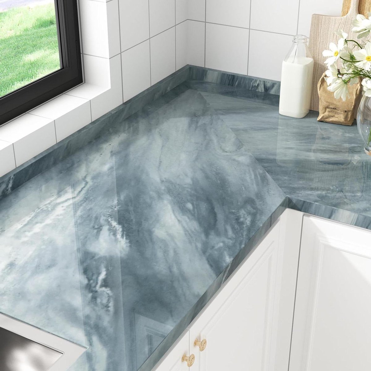 Marmer Behang - Zelfklevend Vinyl - Keuken Werkblad - Waterdicht Afwasbaar - 60 x 300 cm - Blauw Grijs