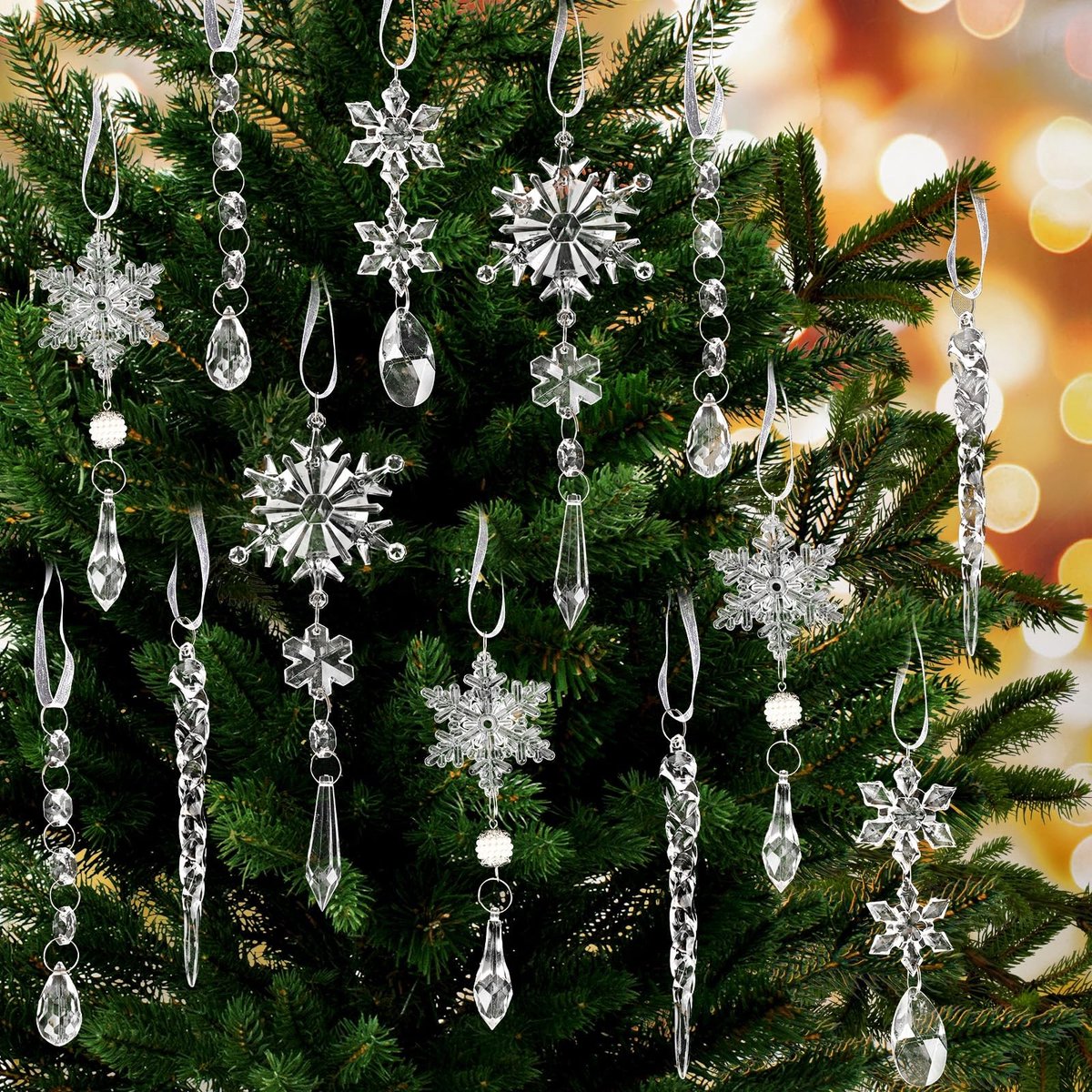 SOUQONE- Kerstboomdecoratie 18 stuks - Acryl ornamenten - Sneeuwvlokken/ijspegels - Kristallen kralen slingers - Duurzaam/onbreekbaar - Geschikt voor binnen/buiten - Kerstversiering
