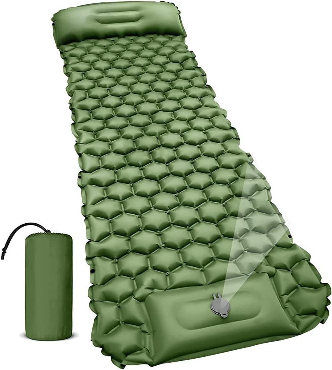Luchtmatras met kussen - Slaapmat opblaasbaar - Kamperen en reizen - Ingebouwde voetpomp - 200 x 190 cm - Groen